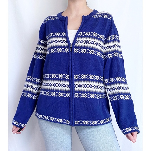 Vintage Retro Fair Isle Blue + White Printed Zip Up Knit Cardigan Sweater - Picture 9 of 12
